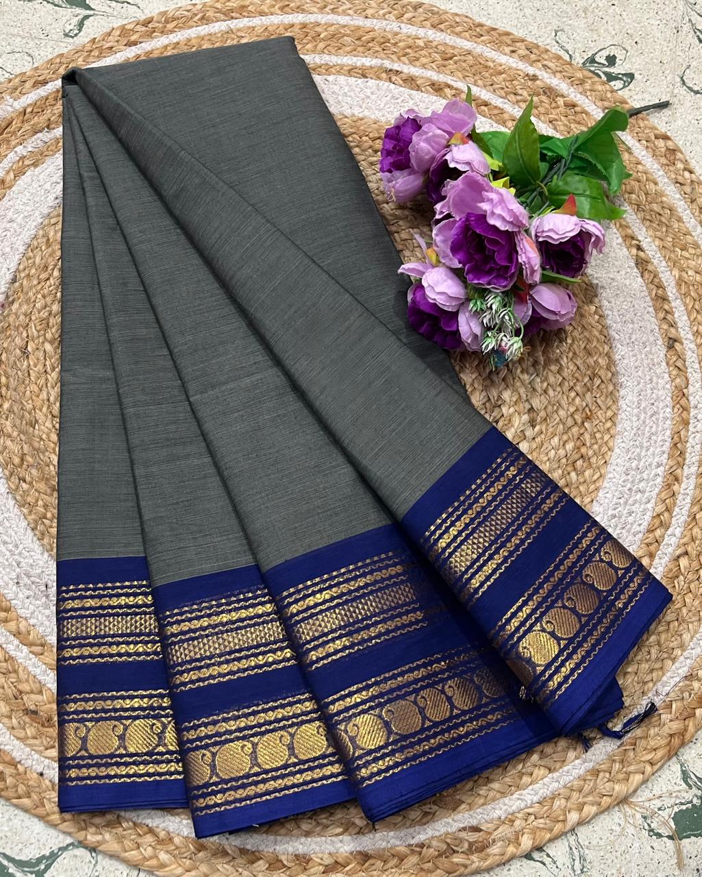 Charcoal Grey And Royal Blue Kanchi Cotton Saree